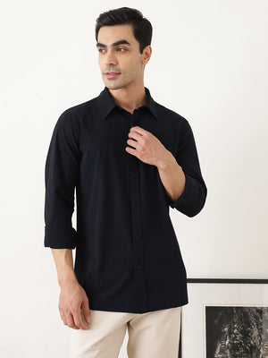Thomas Scott Men Premium Navy Slim Fit Long Sleeves Spread Collar Solid Casual Shirt