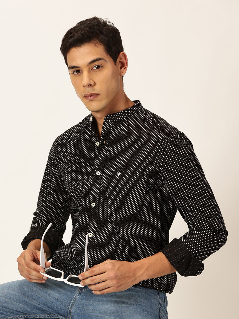 Thomas Scott Men Black Premium Slim Fit Long Sleeves Band Collar Micro Dots Printed Cotton Casual Shirt