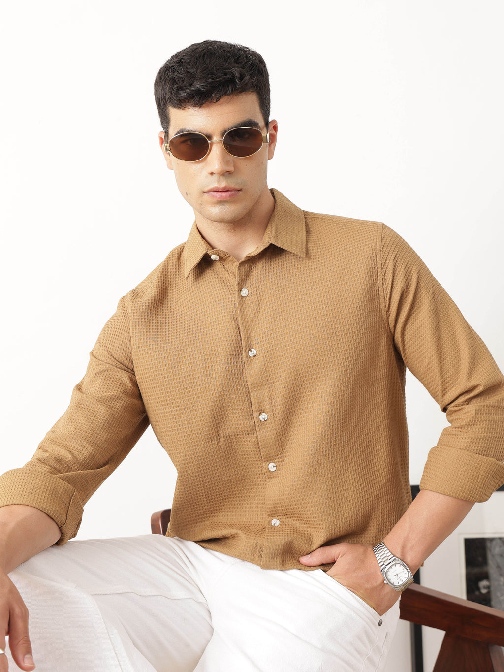 Thomas Scott Men Premium Rust Regular Fit Long Sleeves Spread Collar Textured Casual Shirt