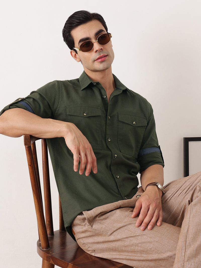 Thomas Scott Men Bottle Green Premium Slim Fit Long Roll-Up Sleeves Spread Collar Solid Cotton Casual Shirt with Flap Pockets