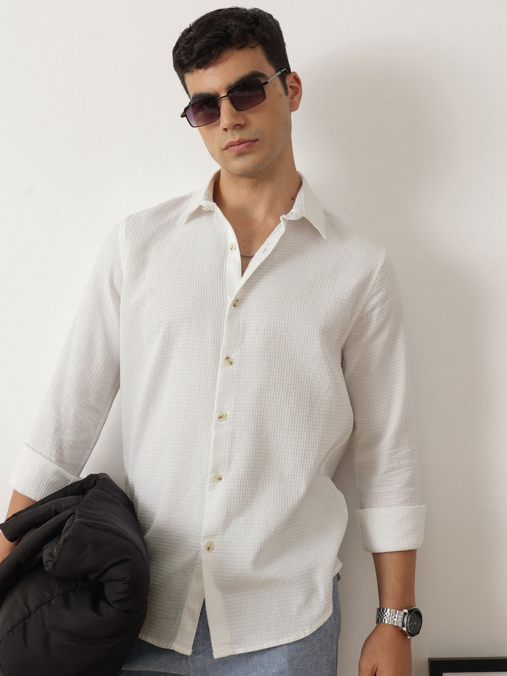 Thomas Scott Men Premium White Regular Fit Long Sleeves Spread Collar Textured Casual Shirt
