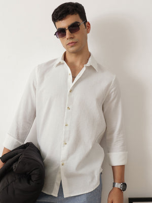 Thomas Scott Men Premium White Regular Fit Long Sleeves Spread Collar Textured Casual Shirt