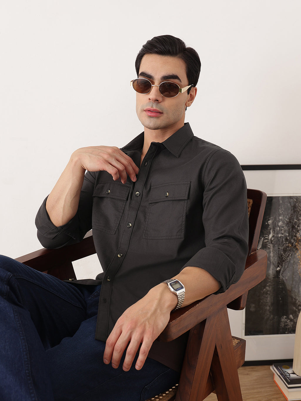 Thomas Scott Men Dark Grey Premium Regular Fit Long Sleeves Spread Collar Solid Cotton Casual Shirt with 2 Flap Pockets