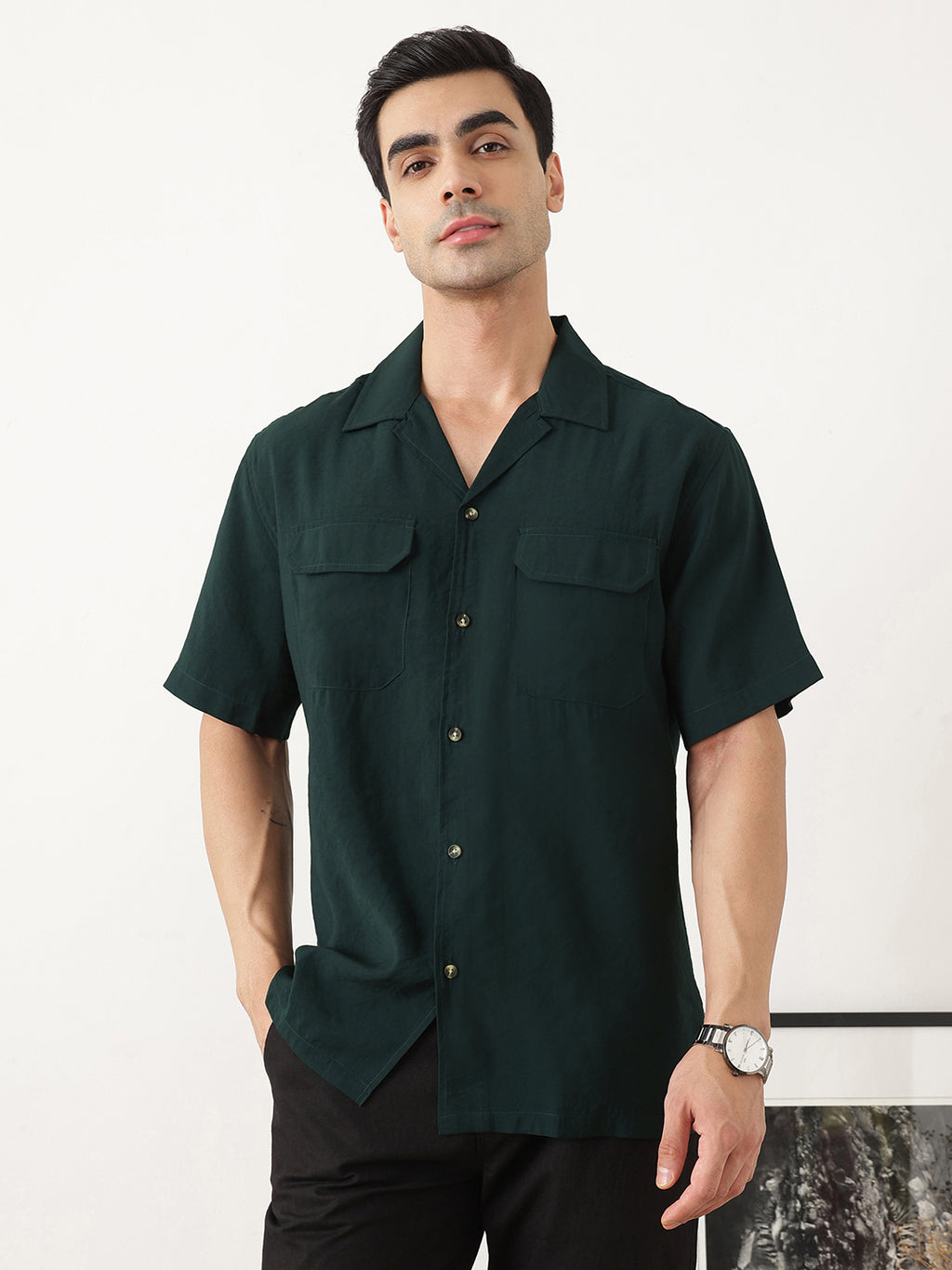 Thomas Scott Men Premium Olive Oversize Fit Short Sleeves Cuban Collar Textured Casual Shirt