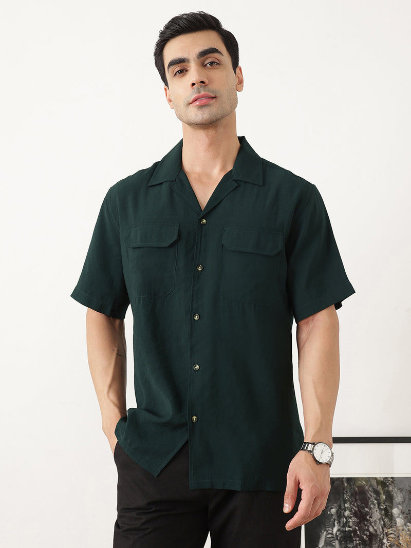 Thomas Scott Men Premium Olive Oversize Fit Short Sleeves Cuban Collar Textured Casual Shirt