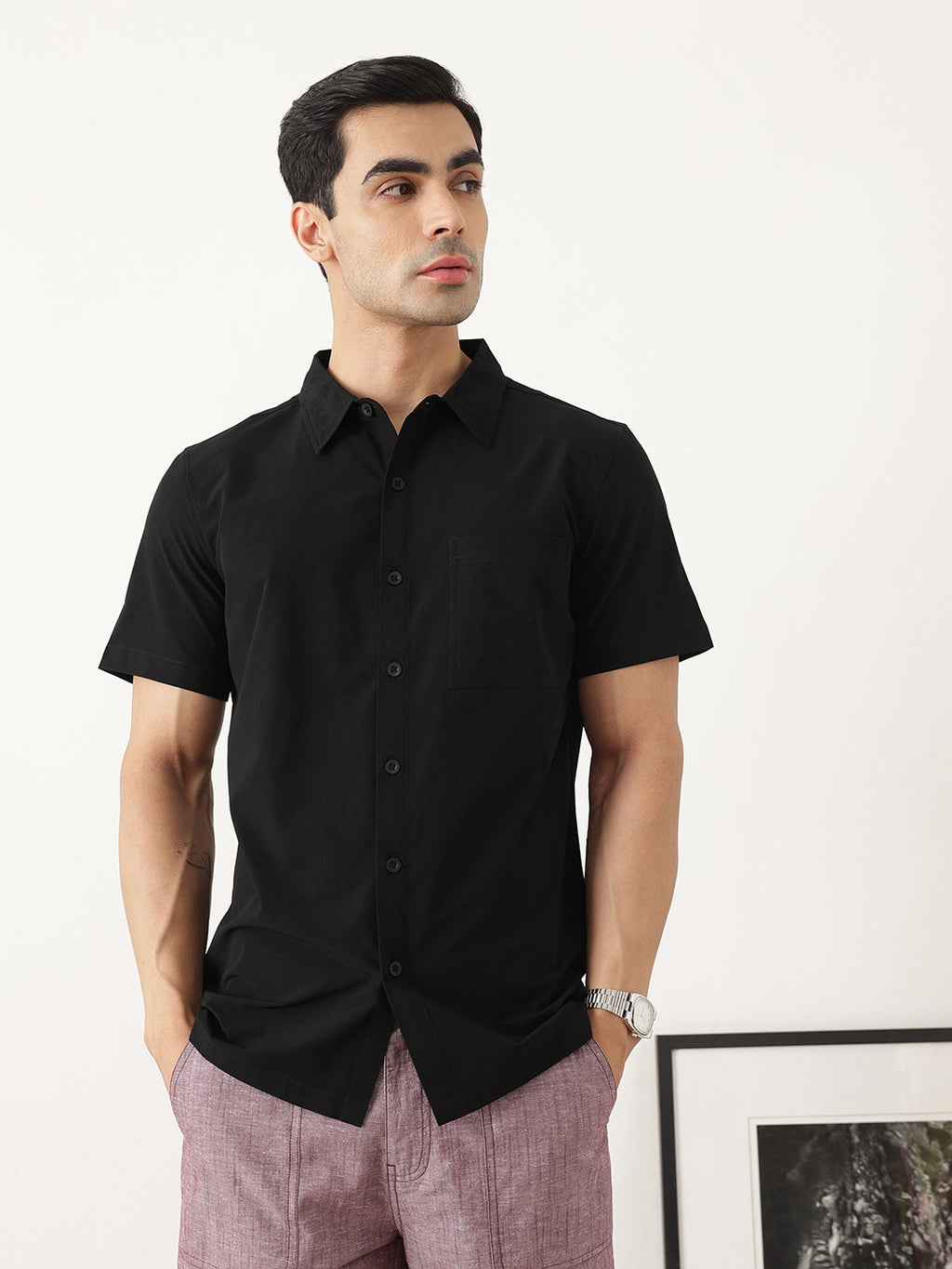 Thomas Scott Men Premium Black Slim Fit Short Sleeves Spread Collar Solid Casual Shirt