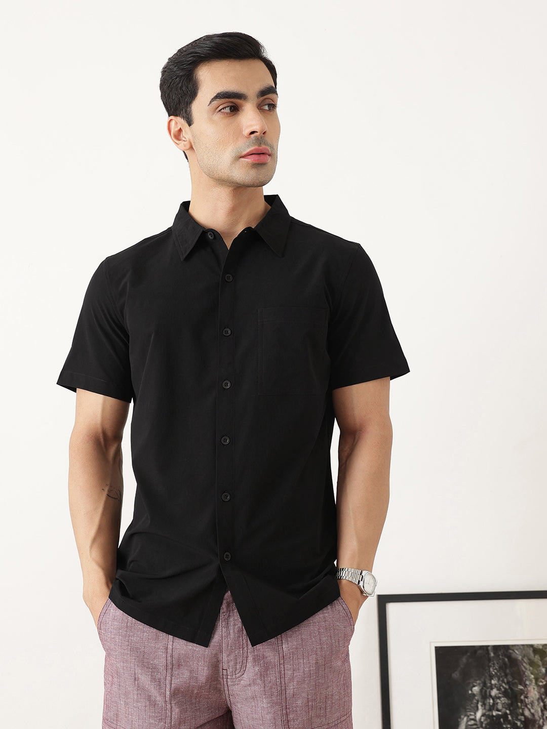 Thomas Scott Men Premium Black Slim Fit Short Sleeves Spread Collar Solid Casual Shirt