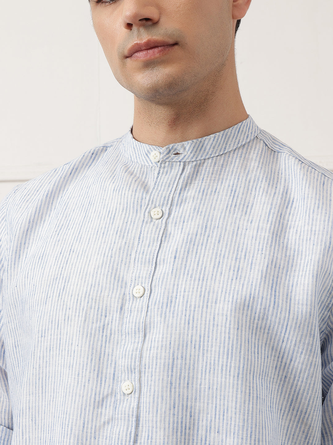 Blue Premium Regular Fit Roll-Up Sleeve Mandarin Collar Pinstripe Linen Casual Shirt for Men