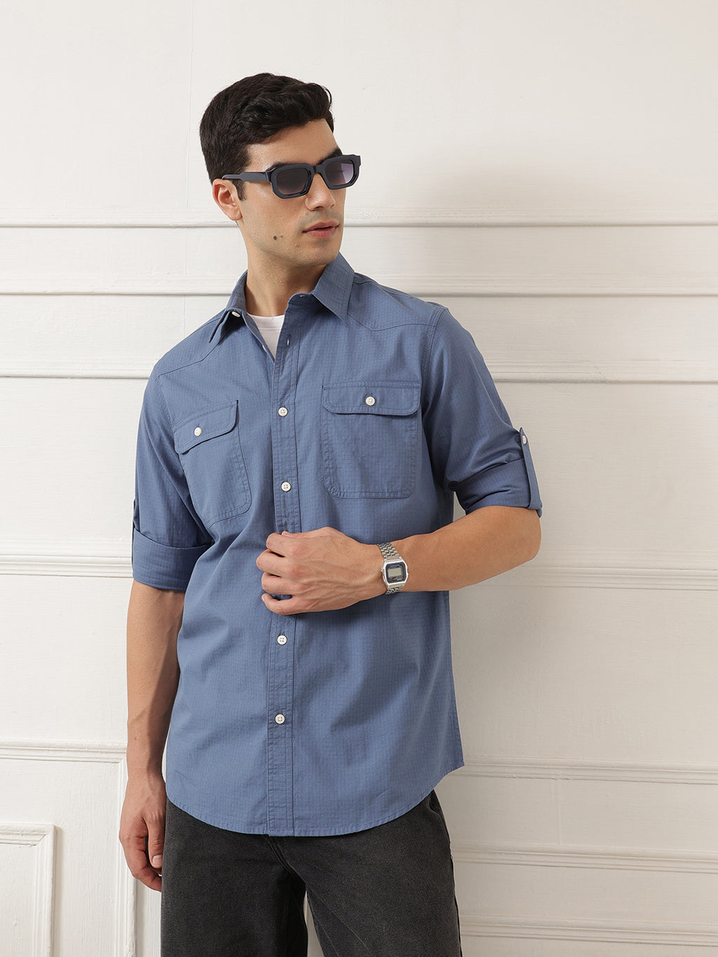 Mid Blue Roll-Up Sleeve Regular Fit Spread Collar Textured Cotton Casual Shirt For Men
