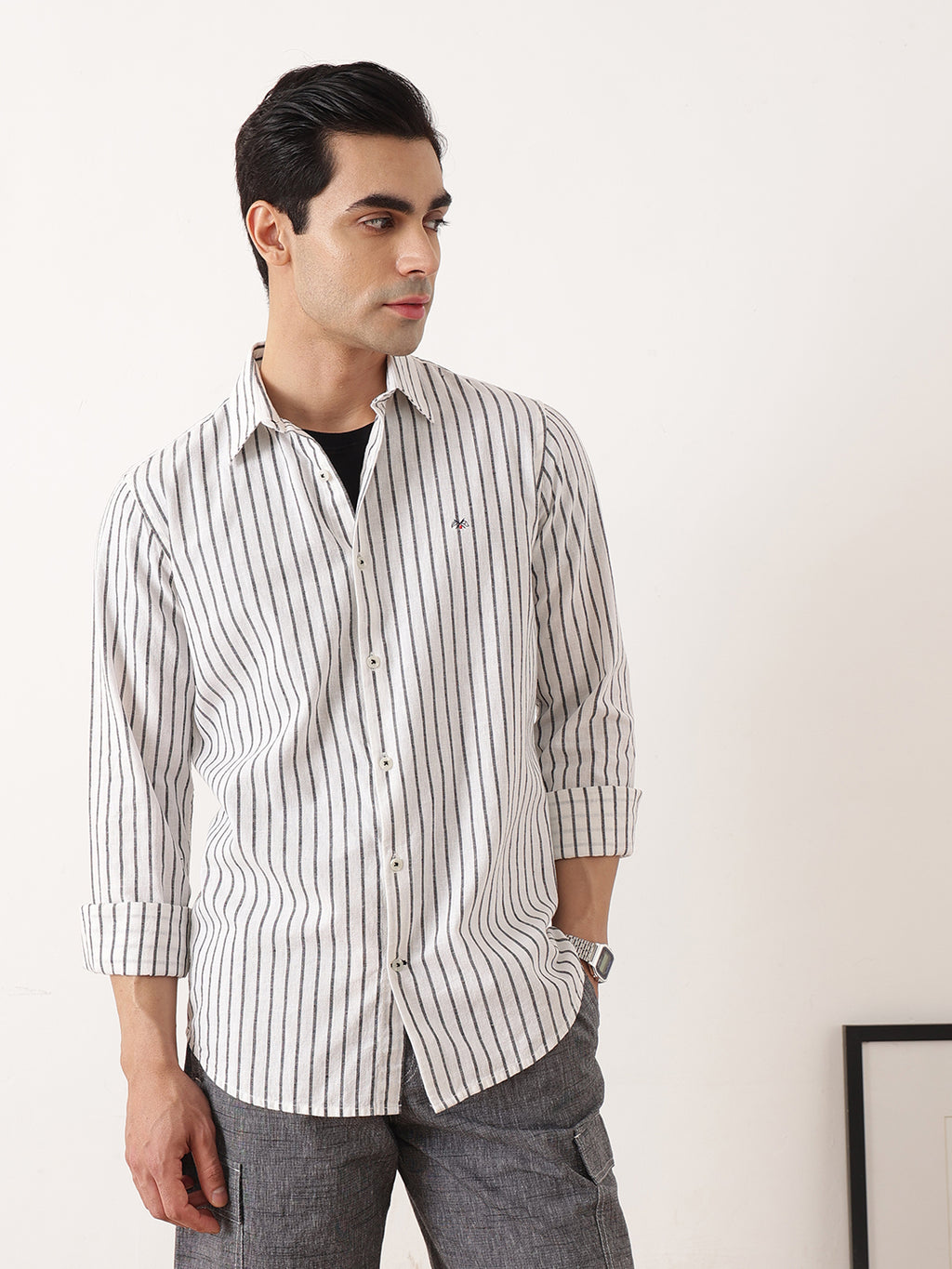 Thomas Scott Men Black Premium Regular Fit Long Sleeves Spread Collar Vertical Stripes Cotton Linen Casual Shirts