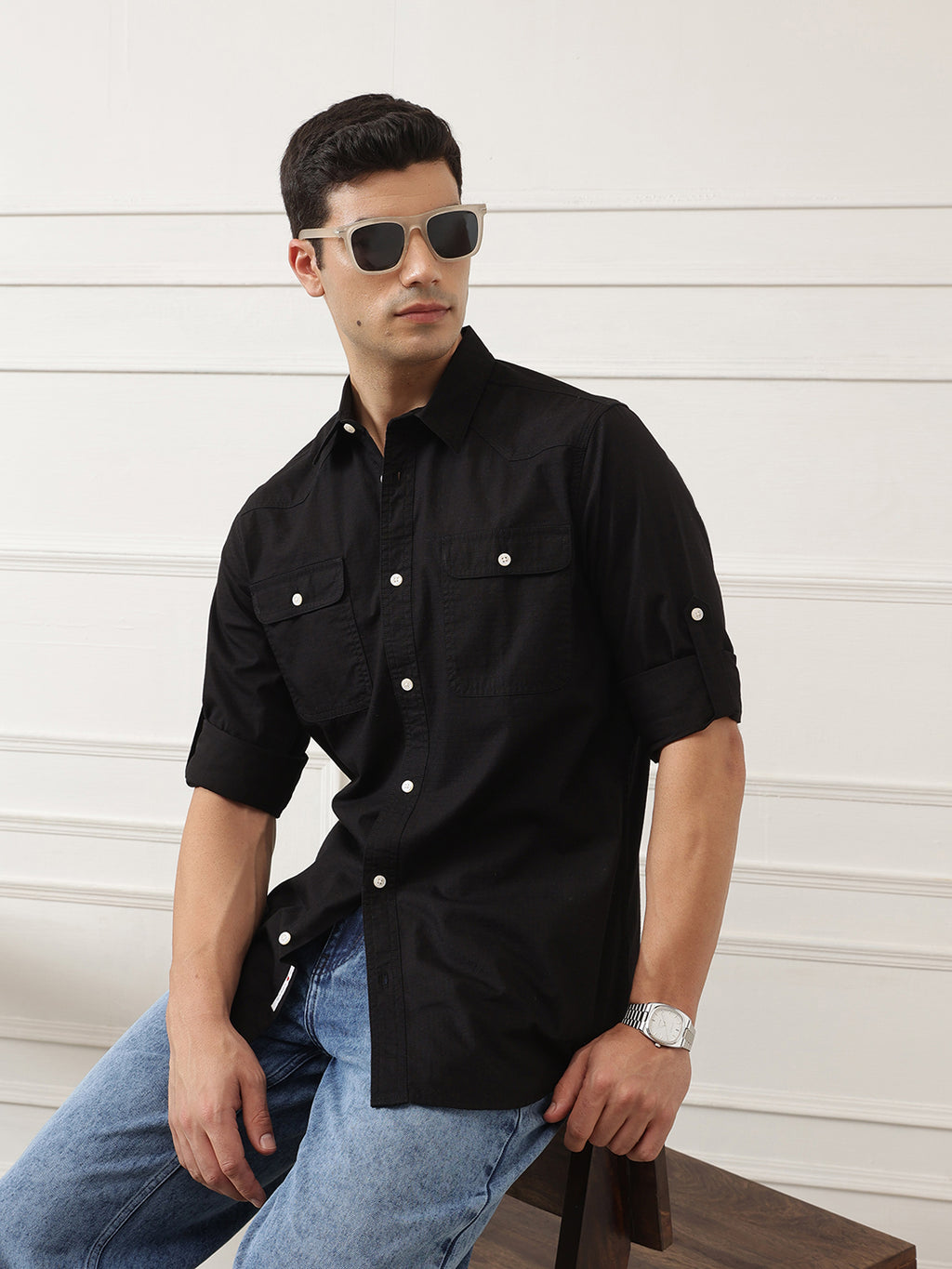 Black Roll-Up Sleeve Regular Fit Spread Collar Textured Cotton Casual Shirt For Men