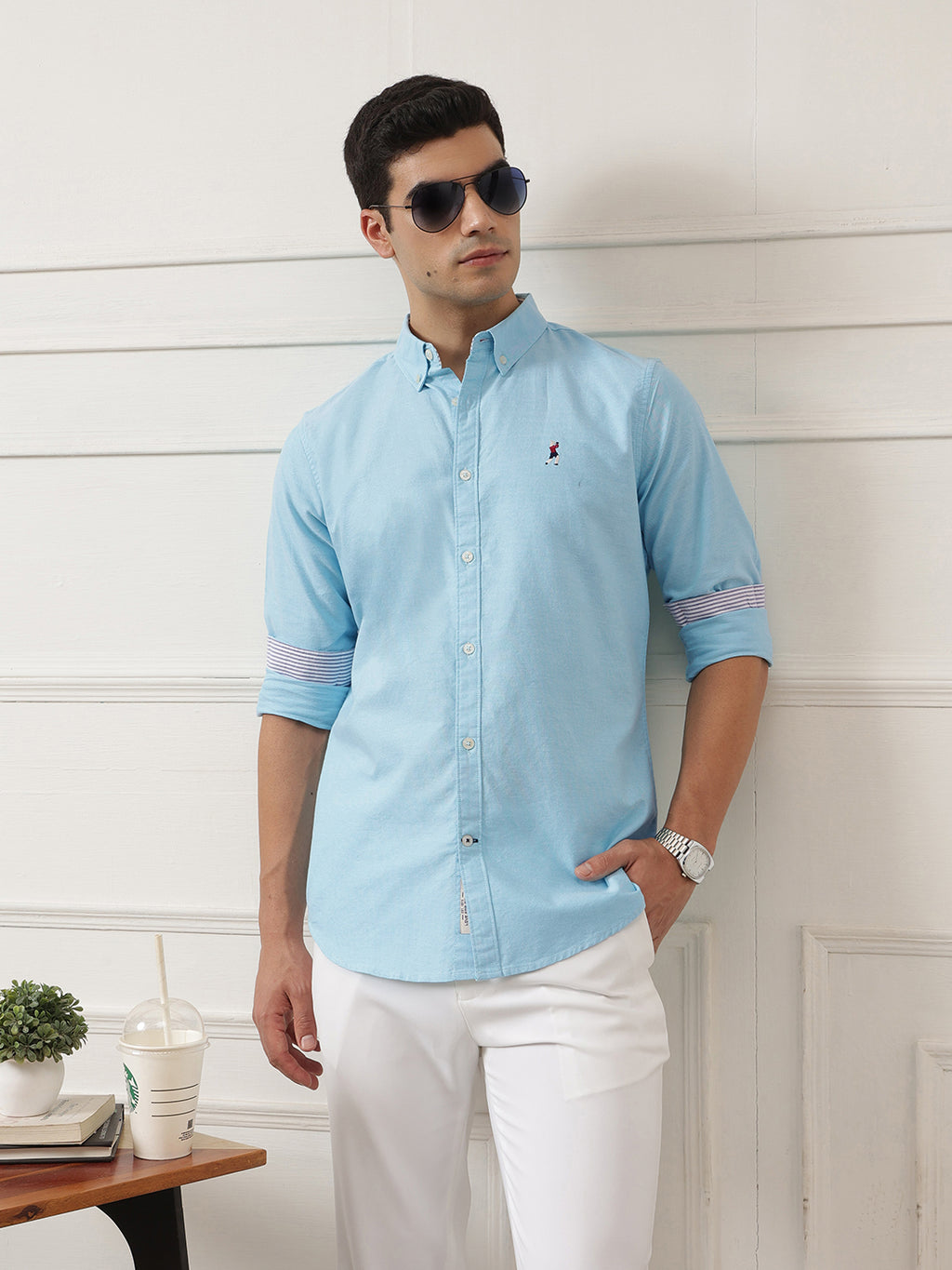 Thomas Scott Men Aqua Premium Regular Fit Button-Down Collar Solid Pure Cotton Casual Shirt