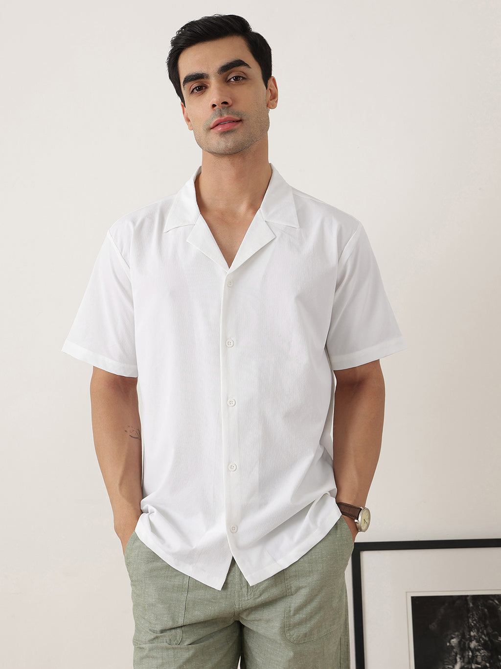 Thomas Scott Men Premium White Oversize Fit Short Sleeves Cuban Collar Solid Casual Shirt