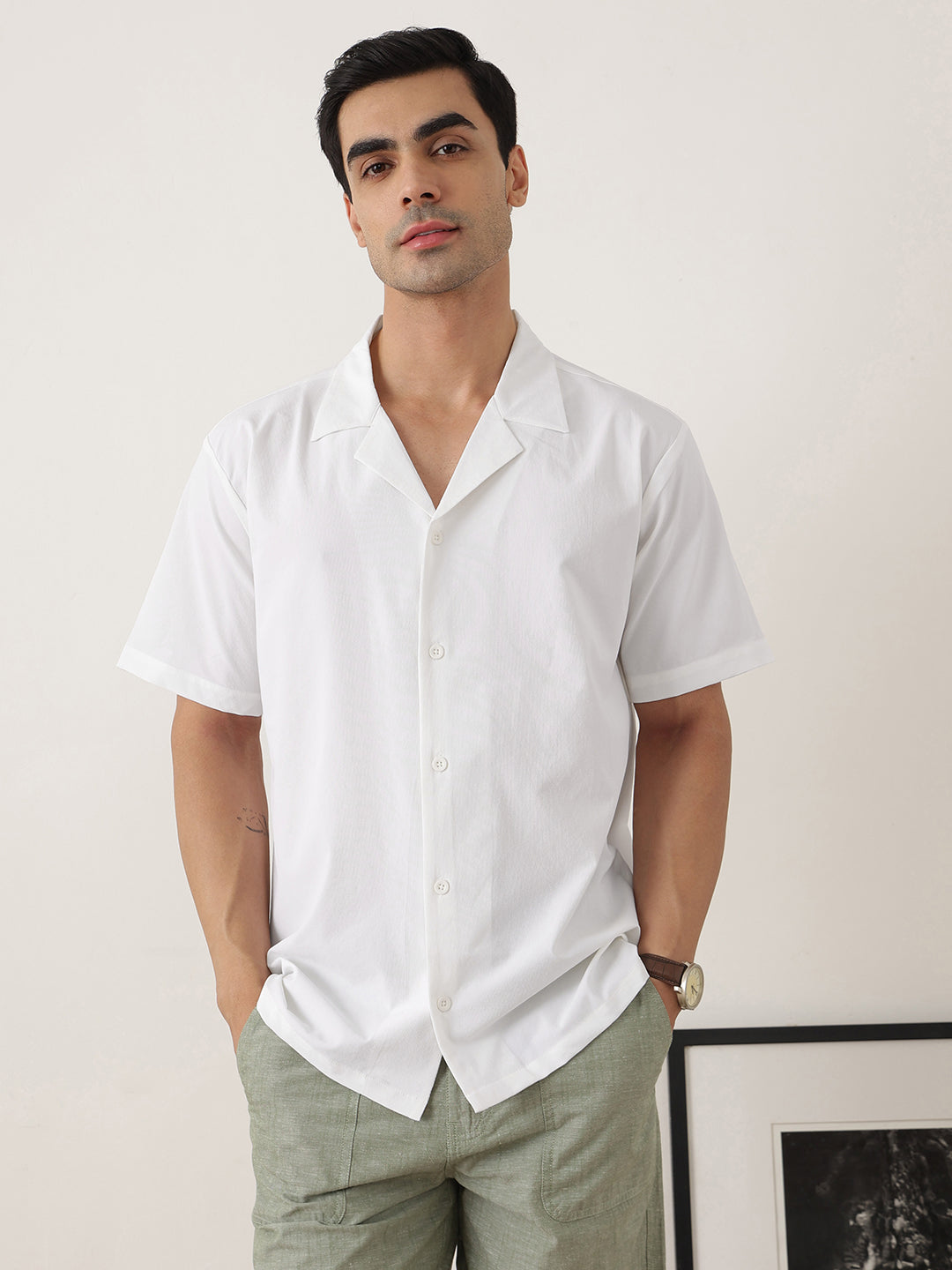 Thomas Scott Men Premium White Oversize Fit Short Sleeves Cuban Collar Solid Casual Shirt