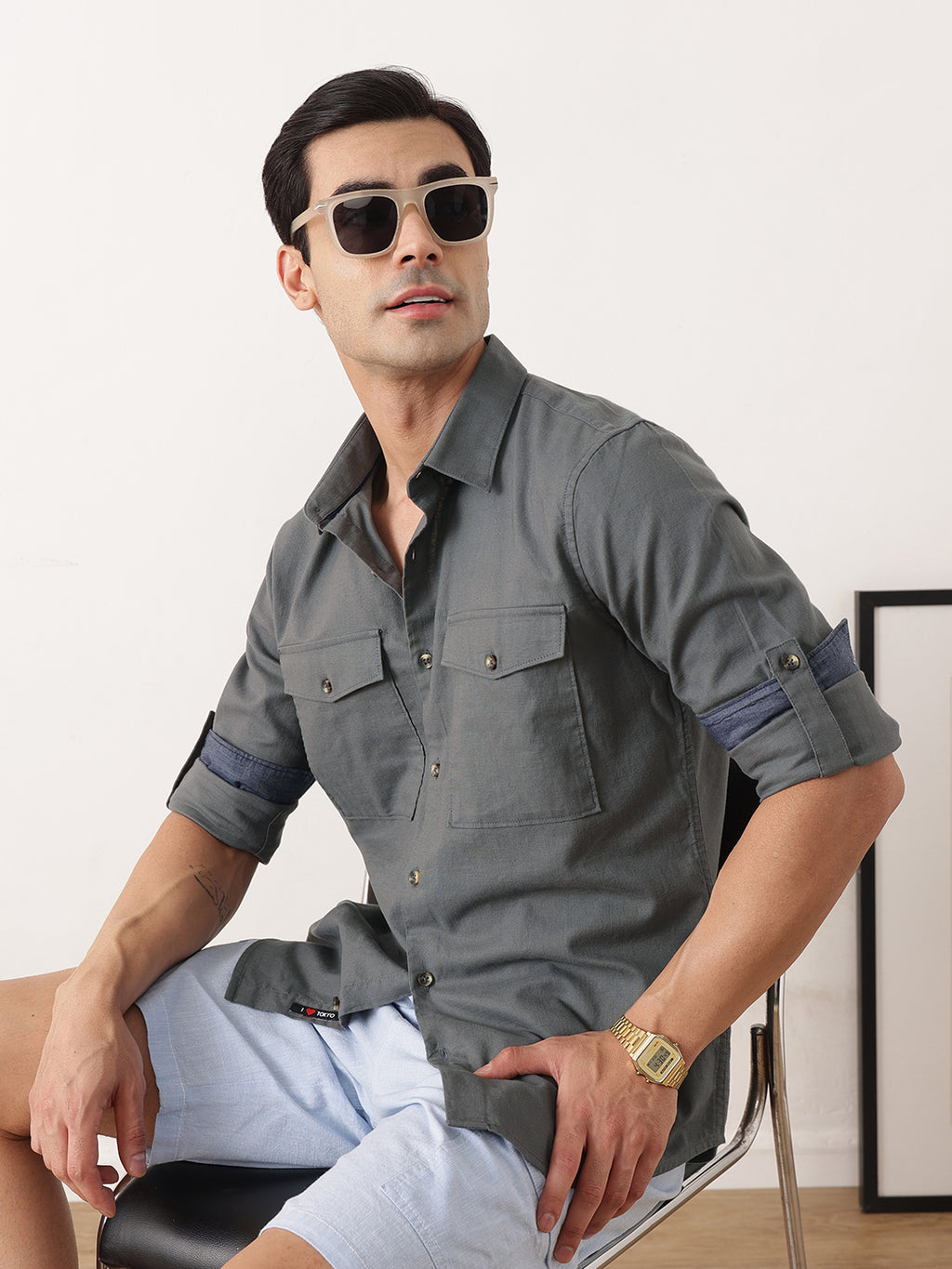 Thomas Scott Men Steel Grey Premium Slim Fit Long Roll-Up Sleeves Spread Collar Solid Cotton Casual Shirt with Flap Pockets