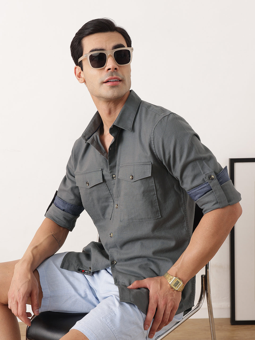 Thomas Scott Men Steel Grey Premium Slim Fit Long Roll-Up Sleeves Spread Collar Solid Cotton Casual Shirt with Flap Pockets