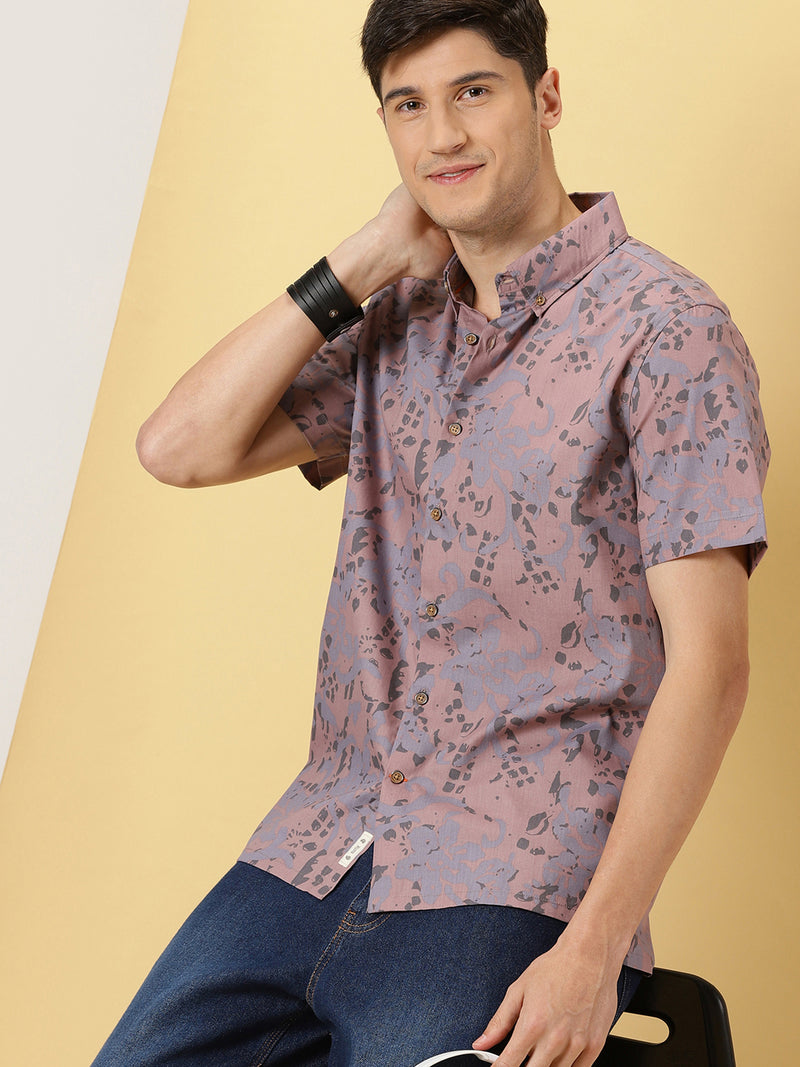 Thomas Scott Men Purple Smart Slim Fit Short Sleeves Spread Collar Floral Printed Cotton Casual Shirt