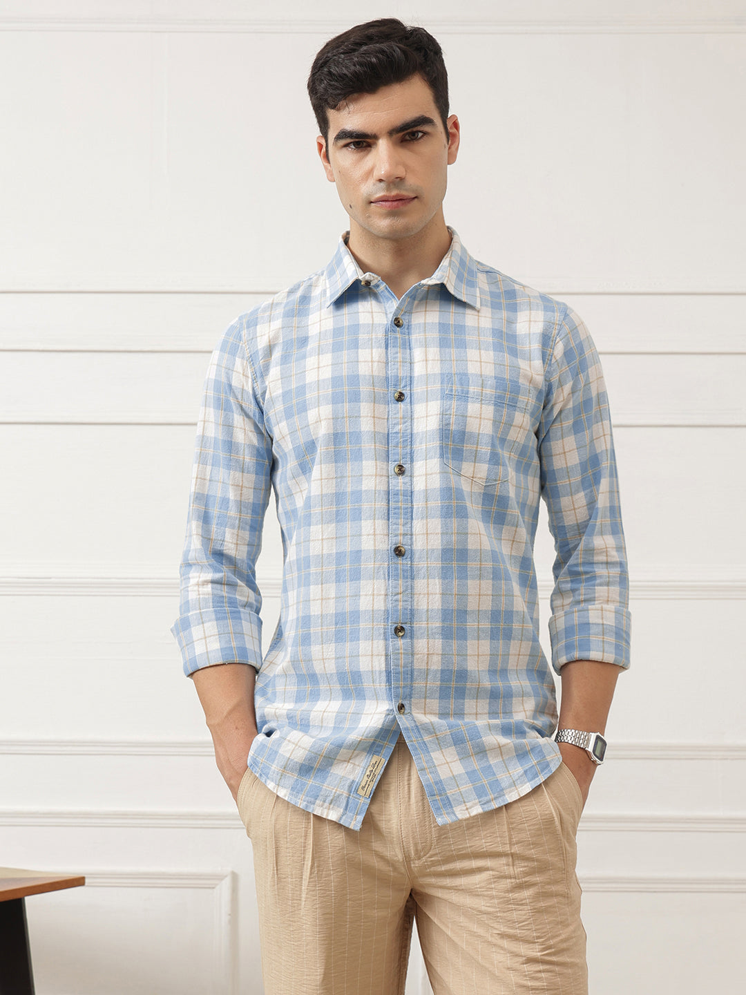 Light Blue Premium Slim Fit Graphic Checked Cotton Linen Casual Shirt For Men