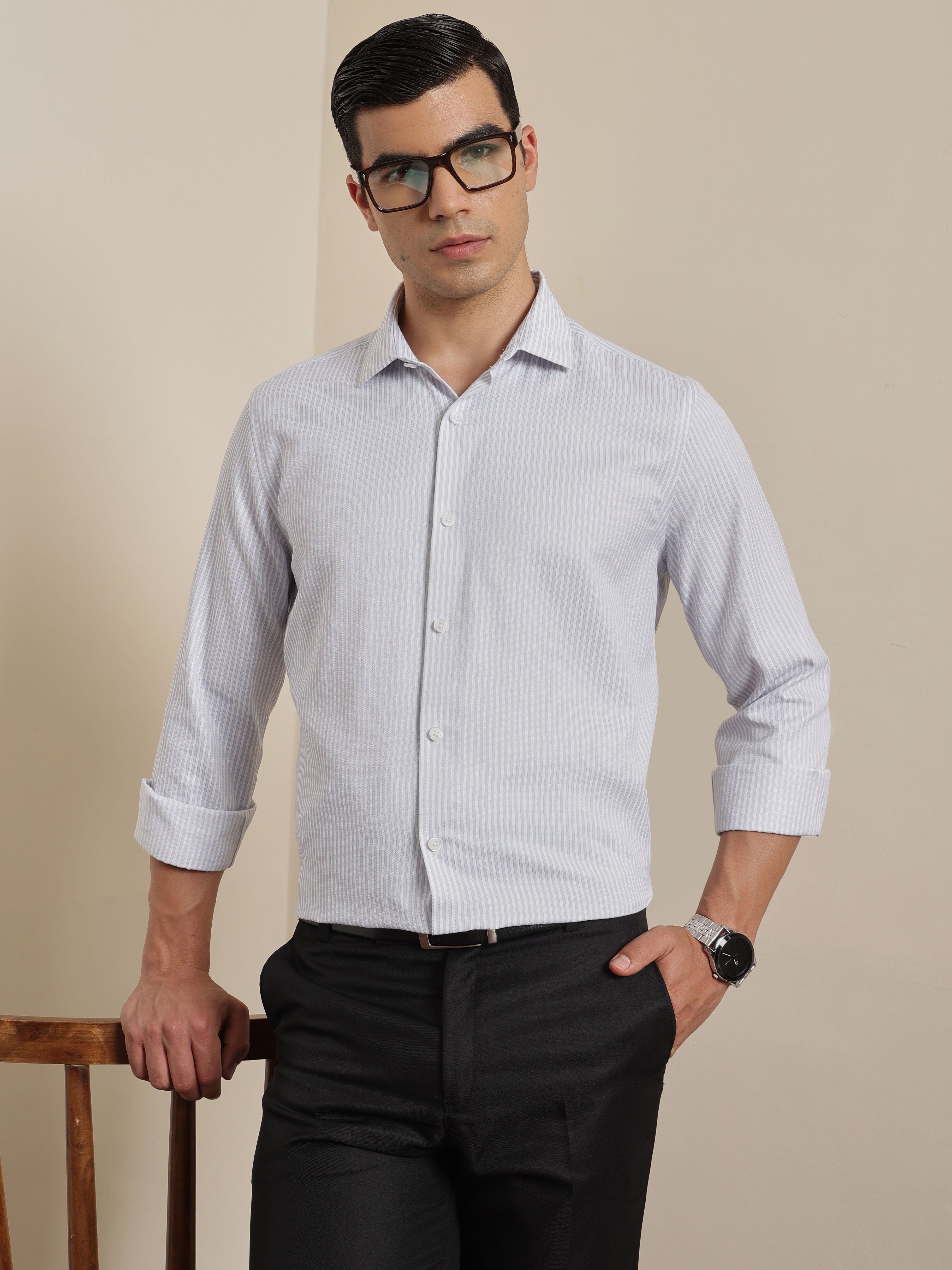 Thomas Scott Men Smart Grey Regular Fit Long Sleeves Semi Cutaway Collar Pinstripes Formal Shirt