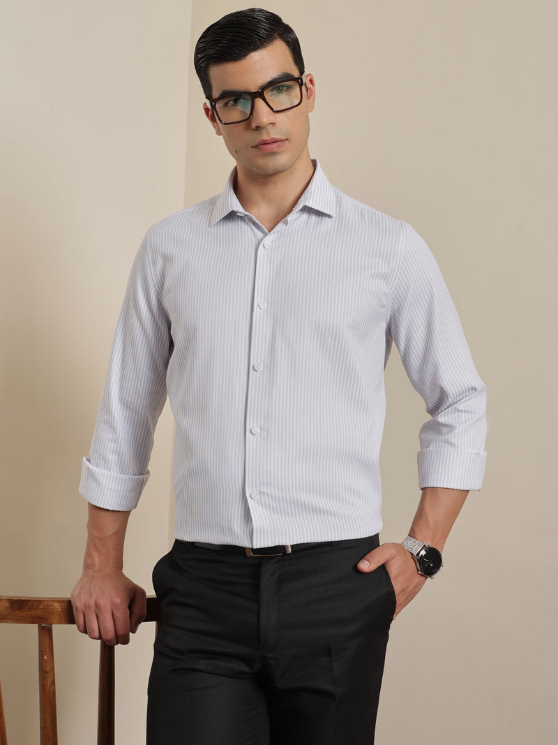 Thomas Scott Men Smart Grey Regular Fit Long Sleeves Semi Cutaway Collar Pinstripes Formal Shirt