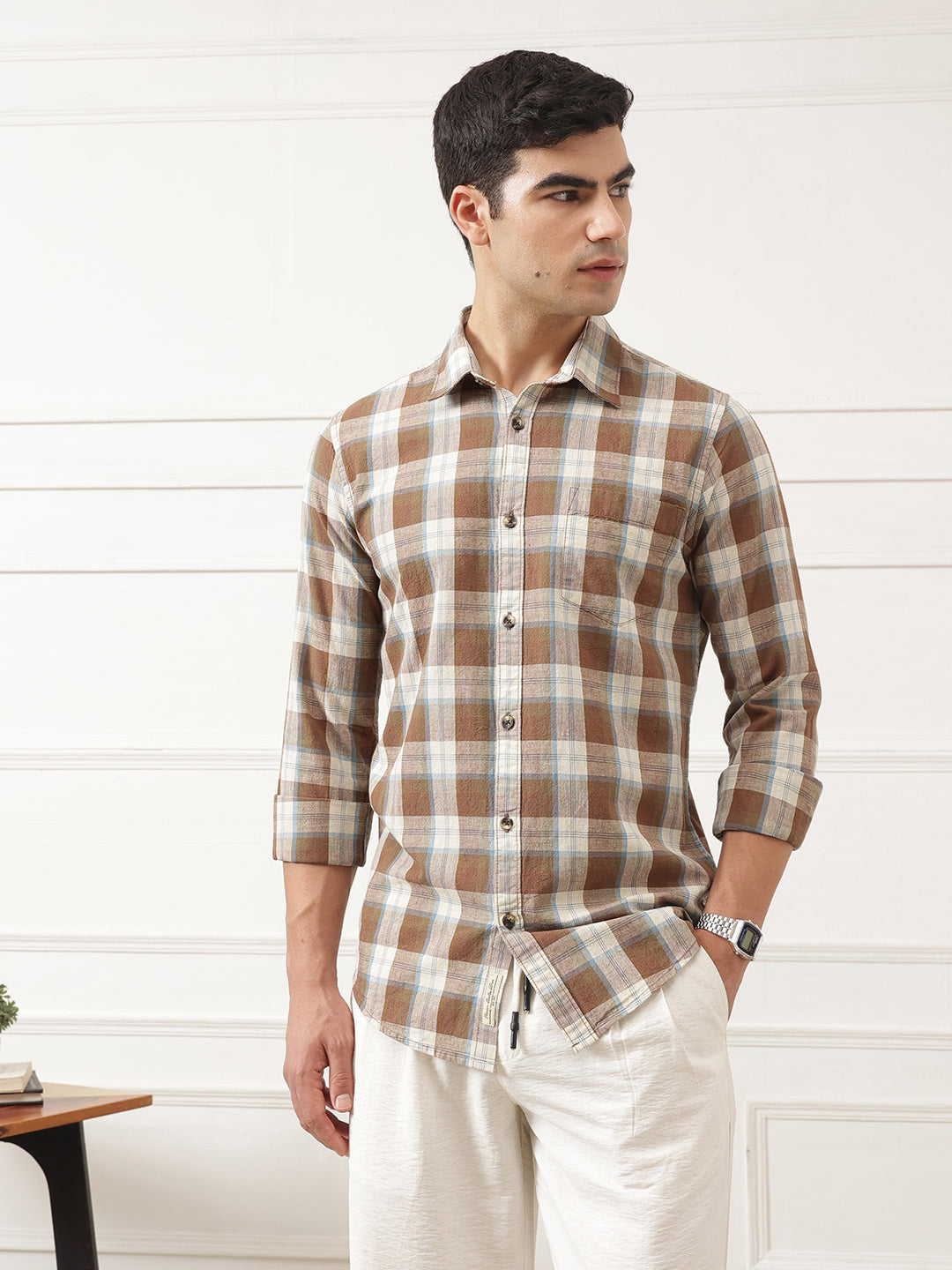 Brown Premium Slim Fit Graphic Checked Cotton Linen Casual Shirt For Men