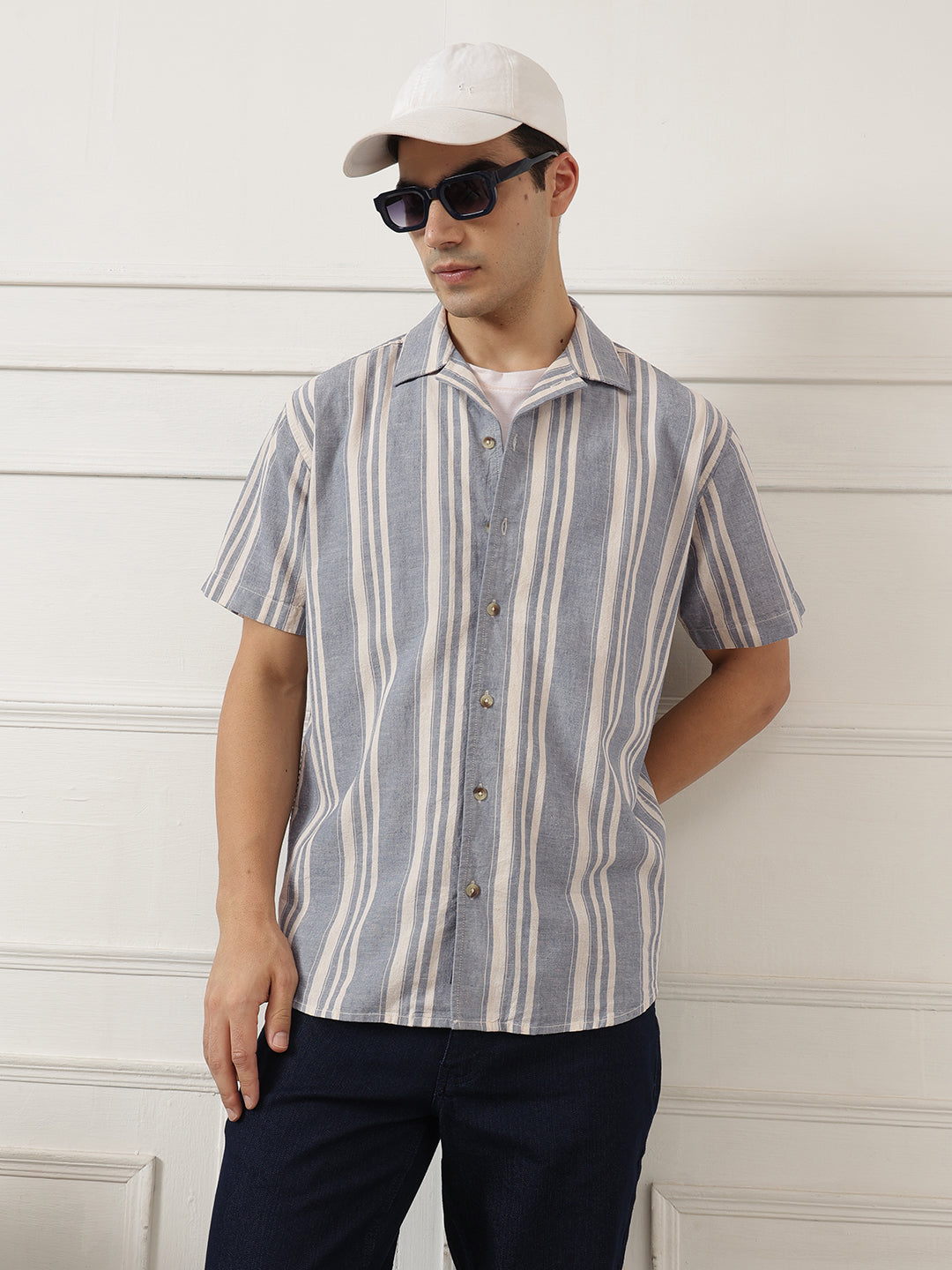 Blue Oversized Fit Vertical Stripes Cuban Collar Cotton Linen Casual Shirt For Men