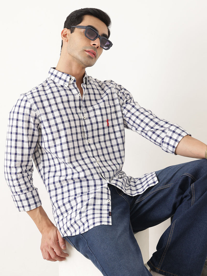 Thomas Scott Men Navy Regular Fit Long Sleeves Gingham Checks Button Down Collar Cotton Linen Casual Shirts