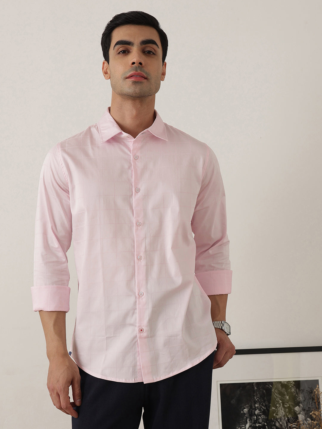 Thomas Scott Men Premium Pink Regular Fit Long Sleeves Spread Collar Windowpane Checks Cotton Lycra Casual Shirt