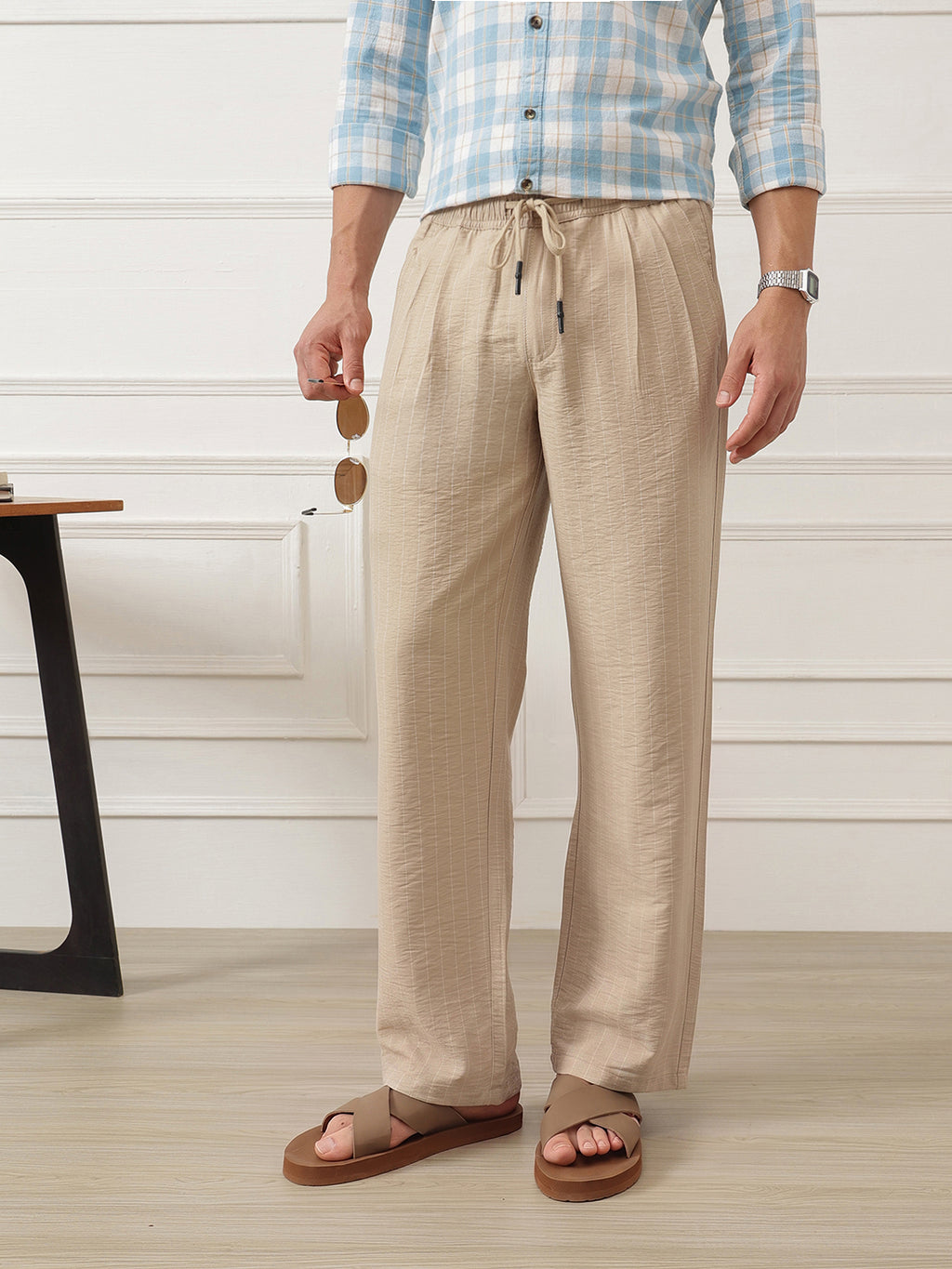 Thomas Scott Men Cream Smart Straight Fit Mid-Rise Pleated Woven Trouser
