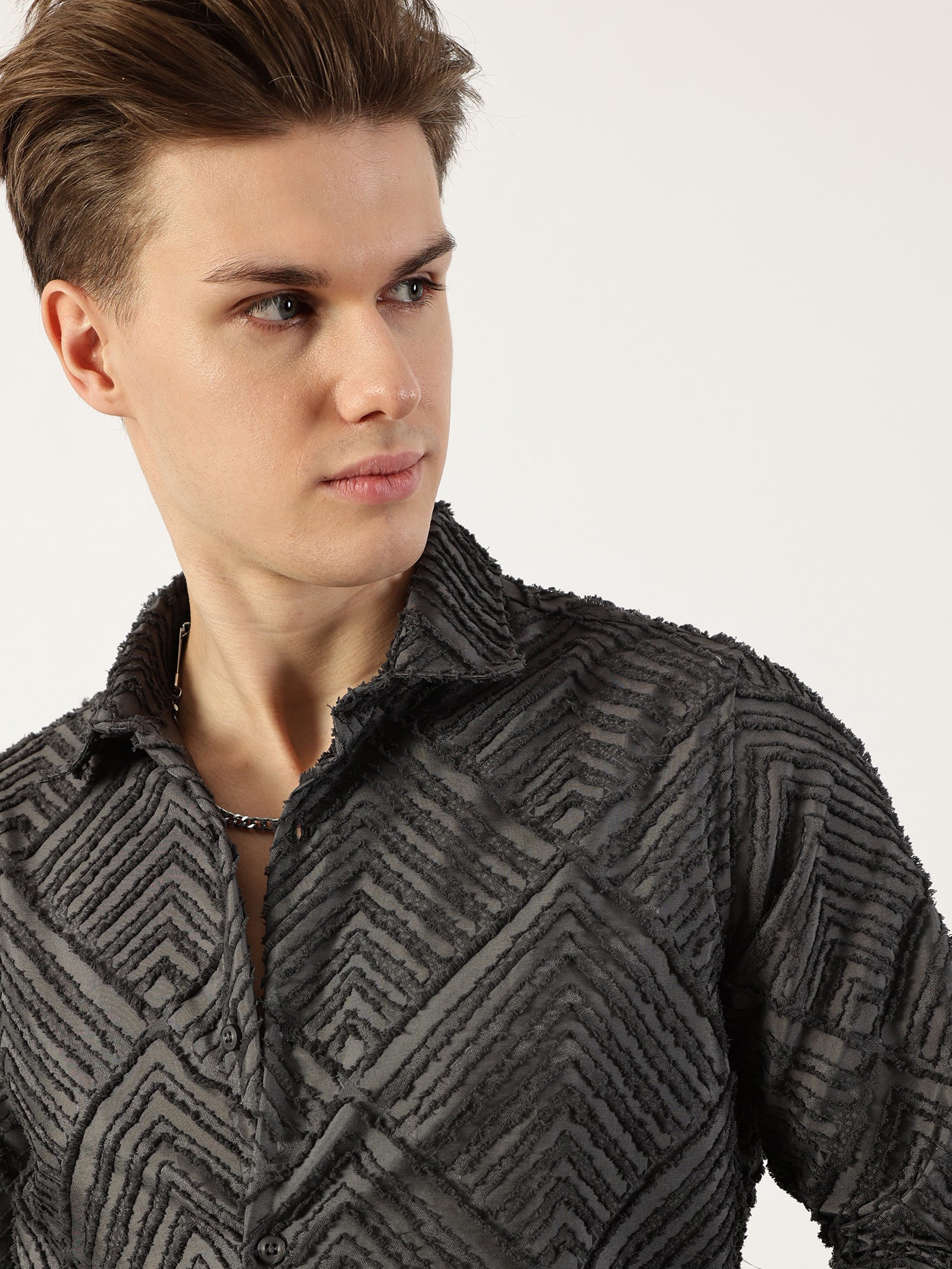Thomas Scott Men Grey Premium Long Sleeves Slim Fit Spread Collar Textured Casual Shirt