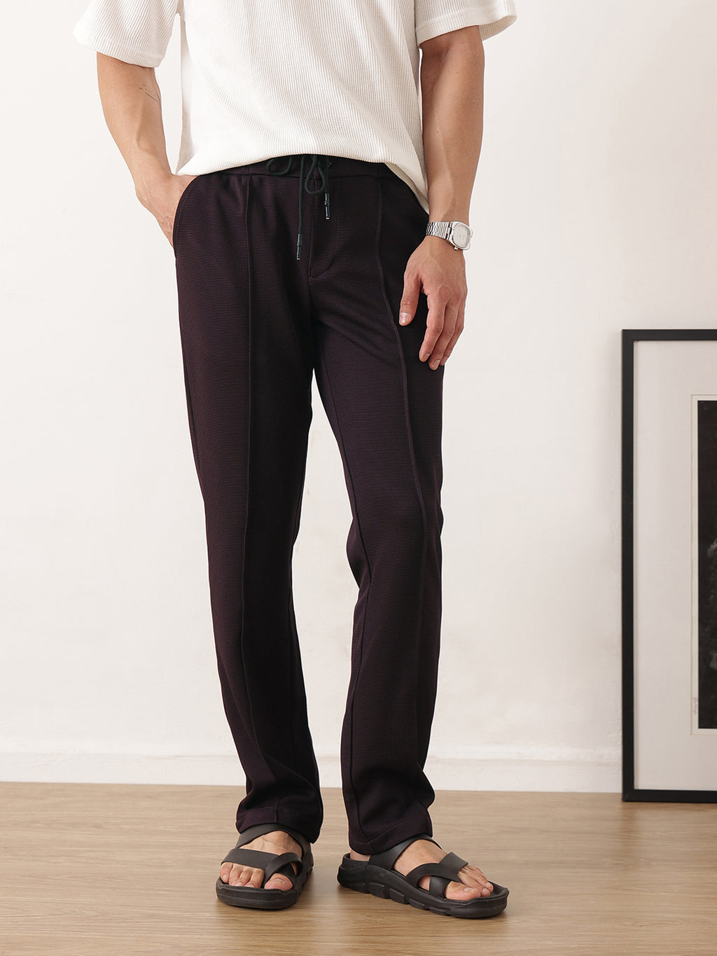 Thomas Scott Men Wine Smart Regular Fit Mid-Rise Textured Pleated Knitted Casual Trousers with Drawstring Closure