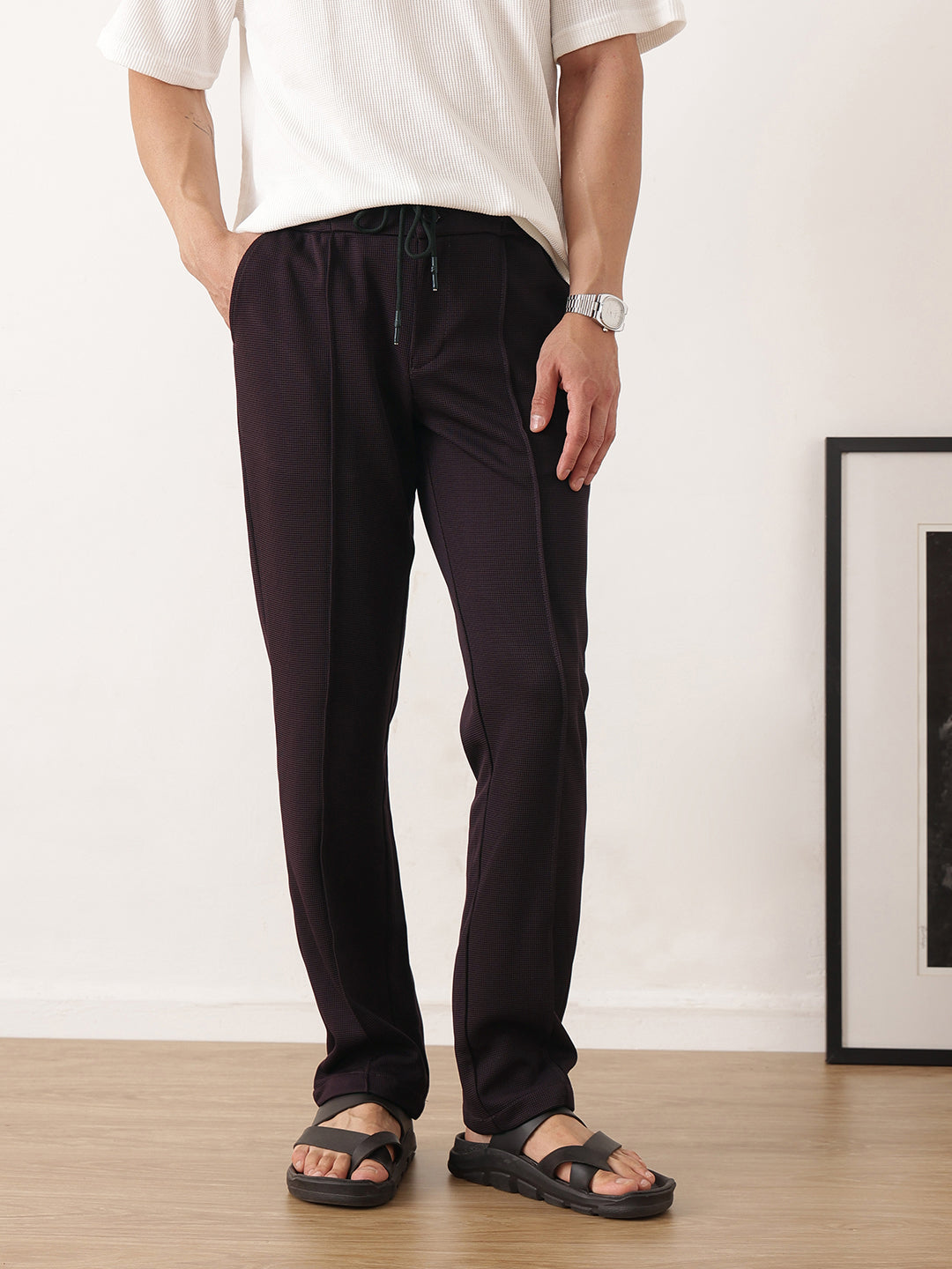 Thomas Scott Men Wine Smart Regular Fit Mid-Rise Textured Pleated Knitted Casual Trousers with Drawstring Closure