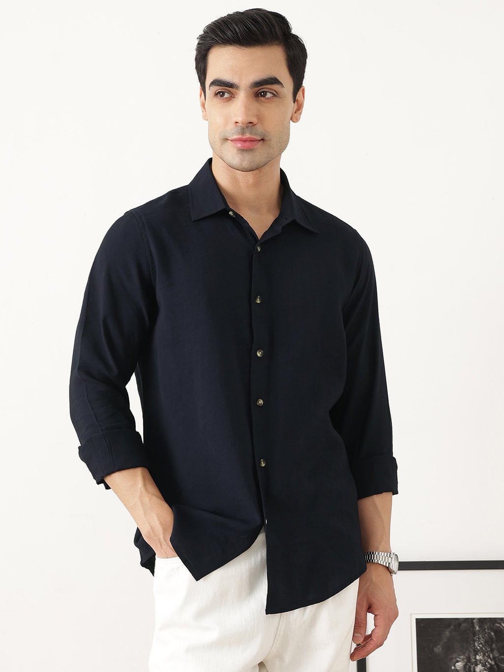 Thomas Scott Men Navy Premium Slim Fit Long Sleeves Semi Cutaway Collar Casual Shirt