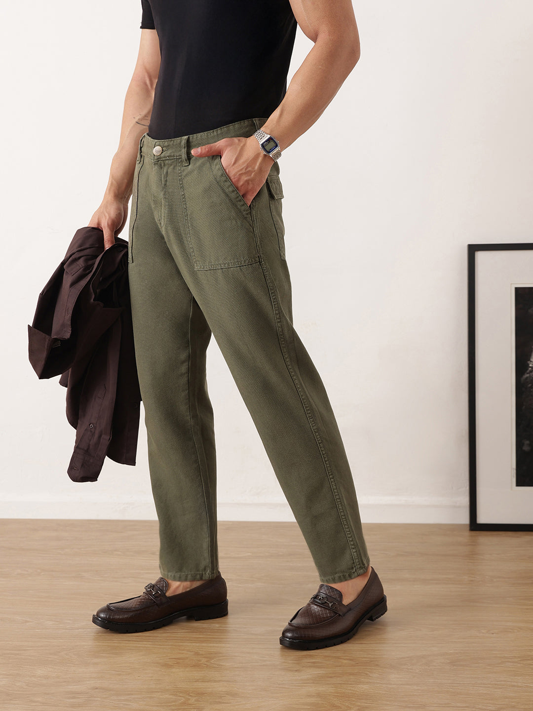 Thomas Scott Men Olive Smart Straight Fit Mid-Rise Solid Flat-Front Woven Trousers