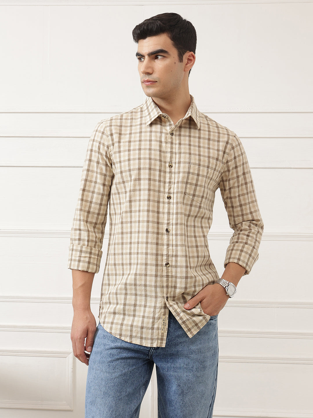Khaki Premium Slim Fit Graphic Checked Cotton Linen Casual Shirt For Men