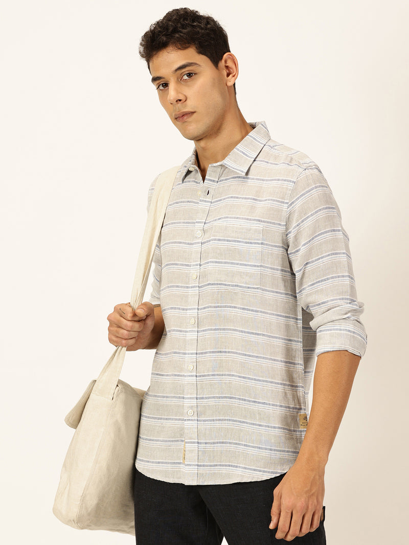Thomas Scott Men Grey Premium Long Sleeves Spread Collar Horizontal Stripes Linen Casual Shirt