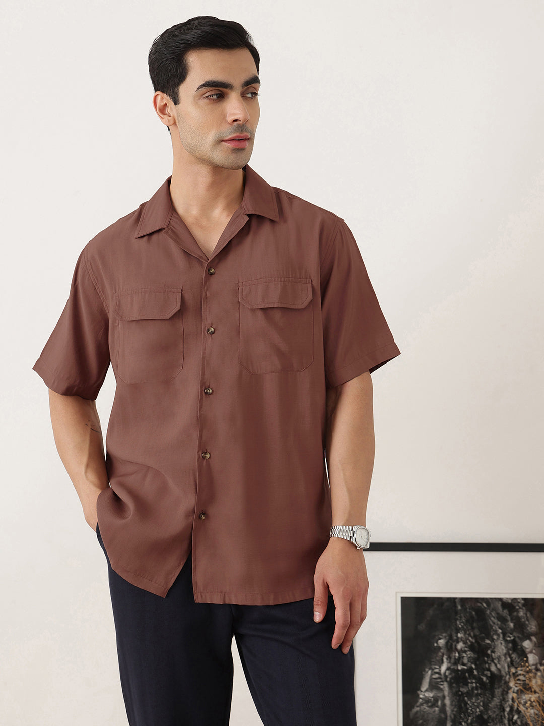 Thomas Scott Men Premium Rust Oversize Fit Short Sleeves Cuban Collar Textured Casual Shirt