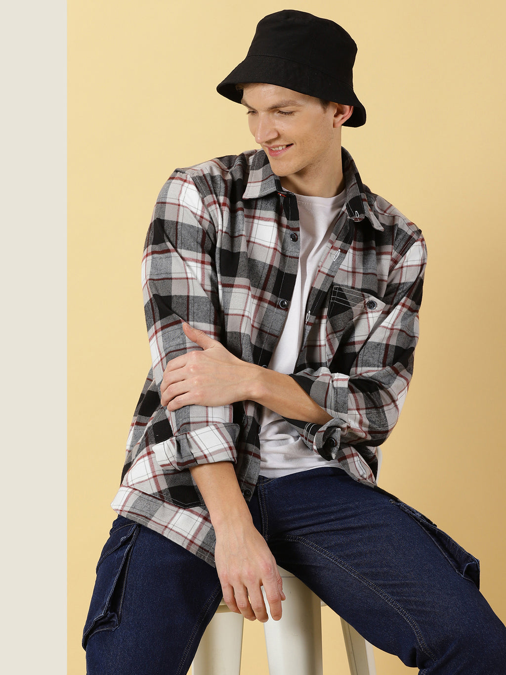 Thomas Scott Men Black Classic Oversize Fit Long Sleeves Spread Collar Tartan Checks Knitted Casual Shirt