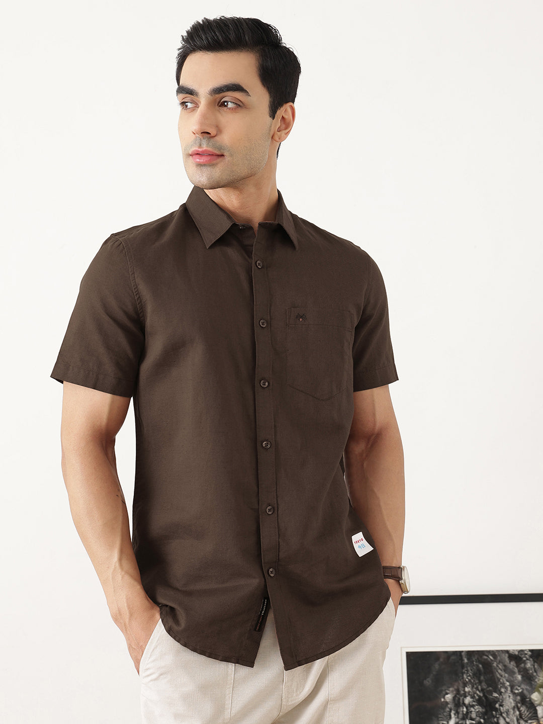 Thomas Scott Men Classic Brown Slim Fit Short Sleeves Spread Collar Solid Cotton Linen Casual Shirt