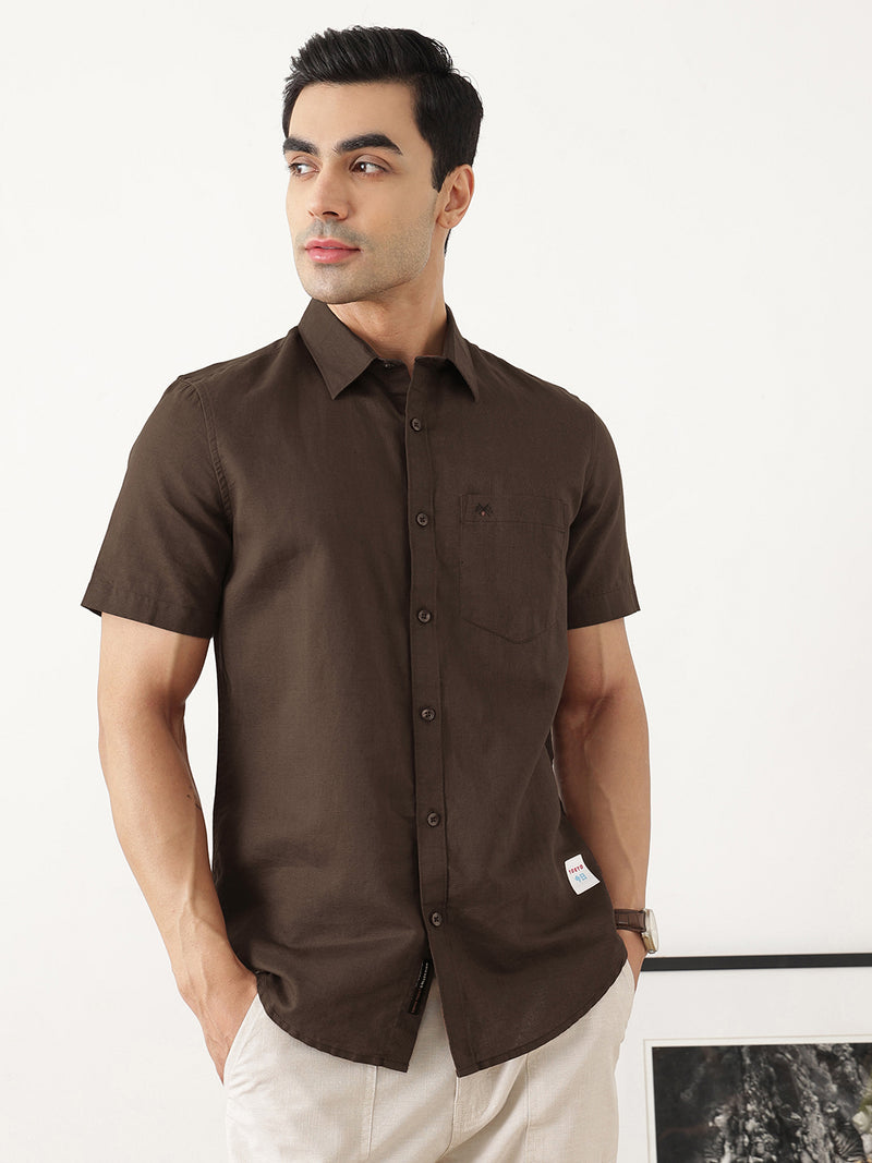Thomas Scott Men Classic Brown Slim Fit Short Sleeves Spread Collar Solid Cotton Linen Casual Shirt