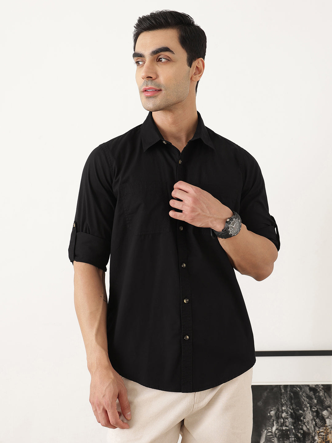 Thomas Scott Men Black Premium Slim Fit Long Roll-Up Sleeves Spread Collar Solid Cotton Casual Shirts