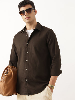 Thomas Scott Men Premium Brown Regular Fit Long Sleeves Spread Collar Textured Casual Shirt