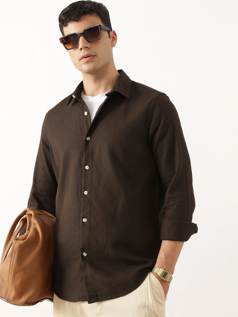 Thomas Scott Men Premium Brown Regular Fit Long Sleeves Spread Collar Textured Casual Shirt