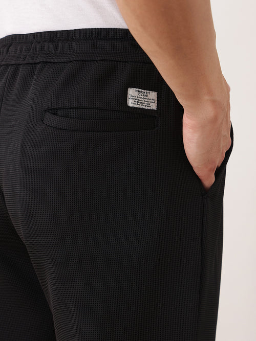 Thomas Scott Men Black Smart Regular Fit Mid-Rise Textured Pleated Knitted Casual Trousers with Drawstring Closure
