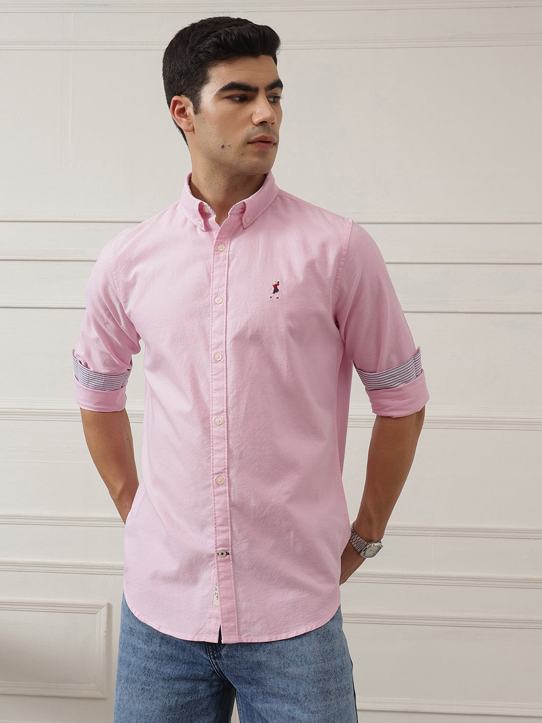 Light Pink Premium Regular Fit Button-Down Collar Solid Pure Cotton Casual Shirt For Men