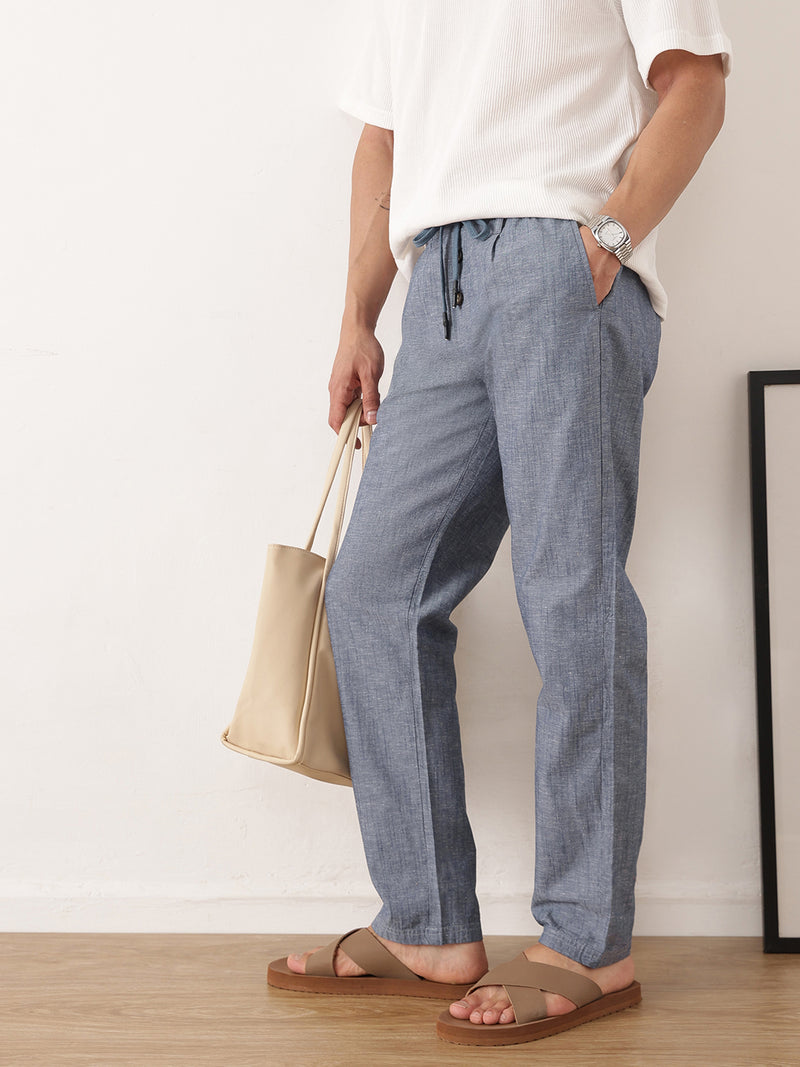 Thomas Scott Men Navy Smart Relaxed Fit Mid-Rise Solid Cotton Linen Pleated Casual Trousers