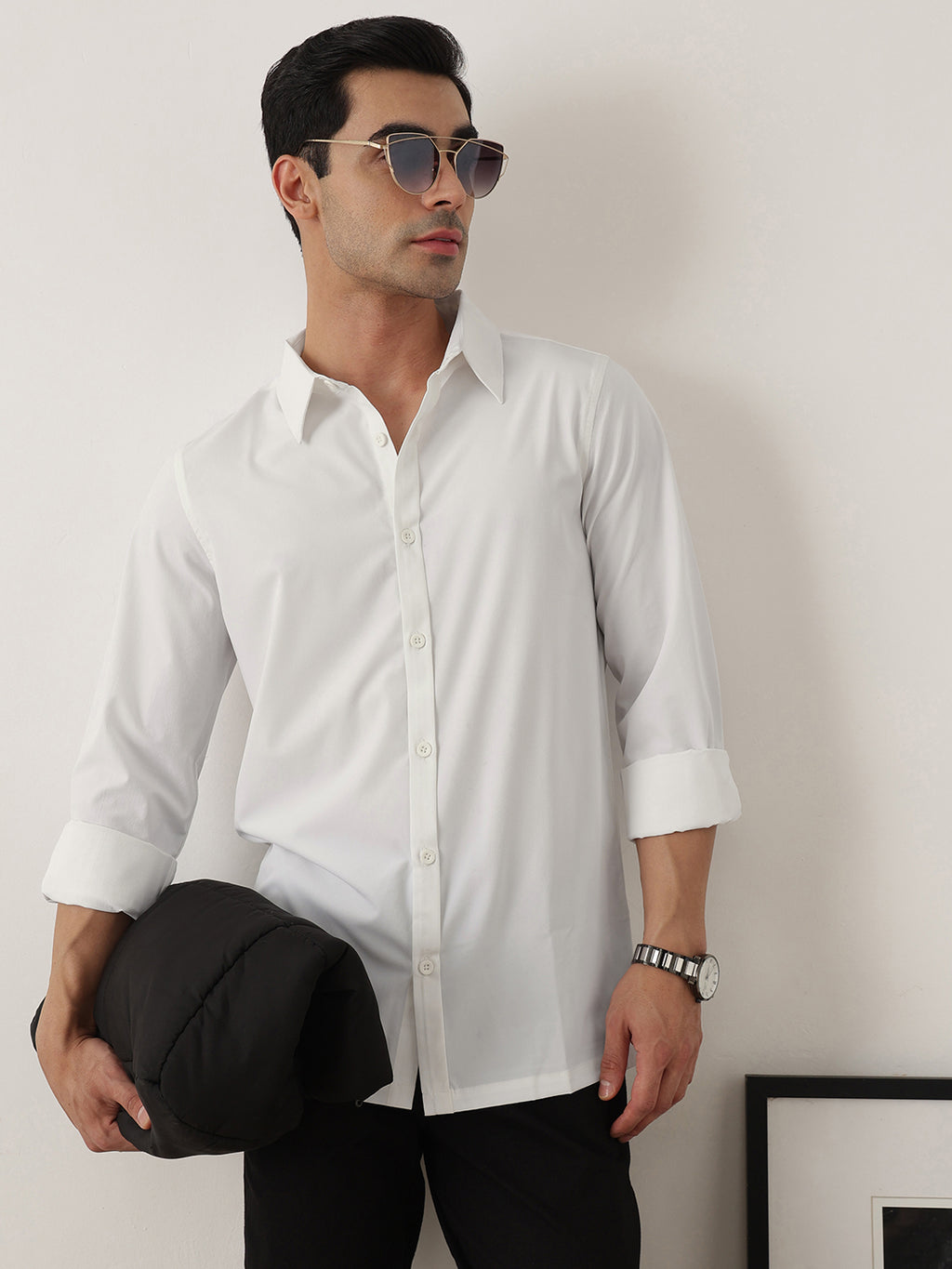 Thomas Scott Men Premium White Slim Fit Long Sleeves Spread Collar Solid Casual Shirt