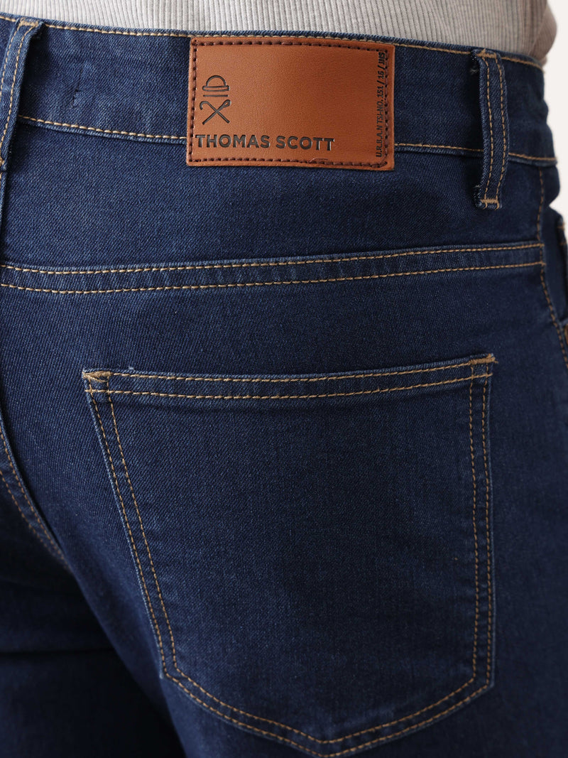Thomas Scott Men Dark Blue Carrot Fit Mid-Rise Medium Shade Clean Look Stretchable Jeans