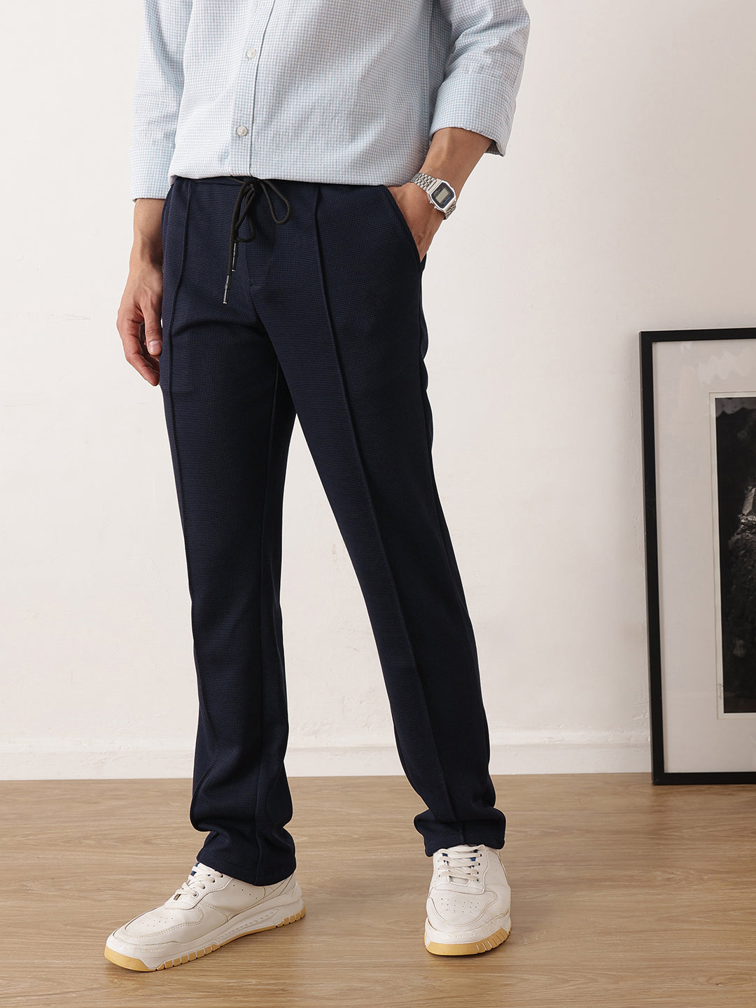 Thomas Scott Men Navy Smart Regular Fit Mid-Rise Textured Pleated Knitted Casual Trousers with Drawstring Closure