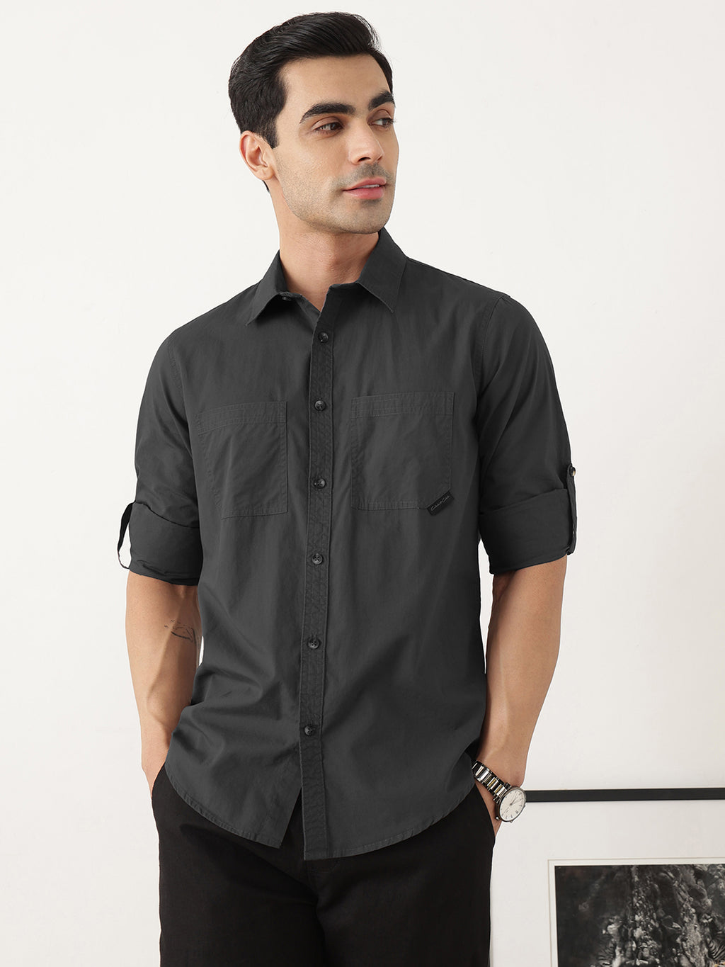 Thomas Scott Men Premium Dark Grey Slim Fit Long Roll-Up Sleeves Spread Collar Solid Cotton Casual Shirts